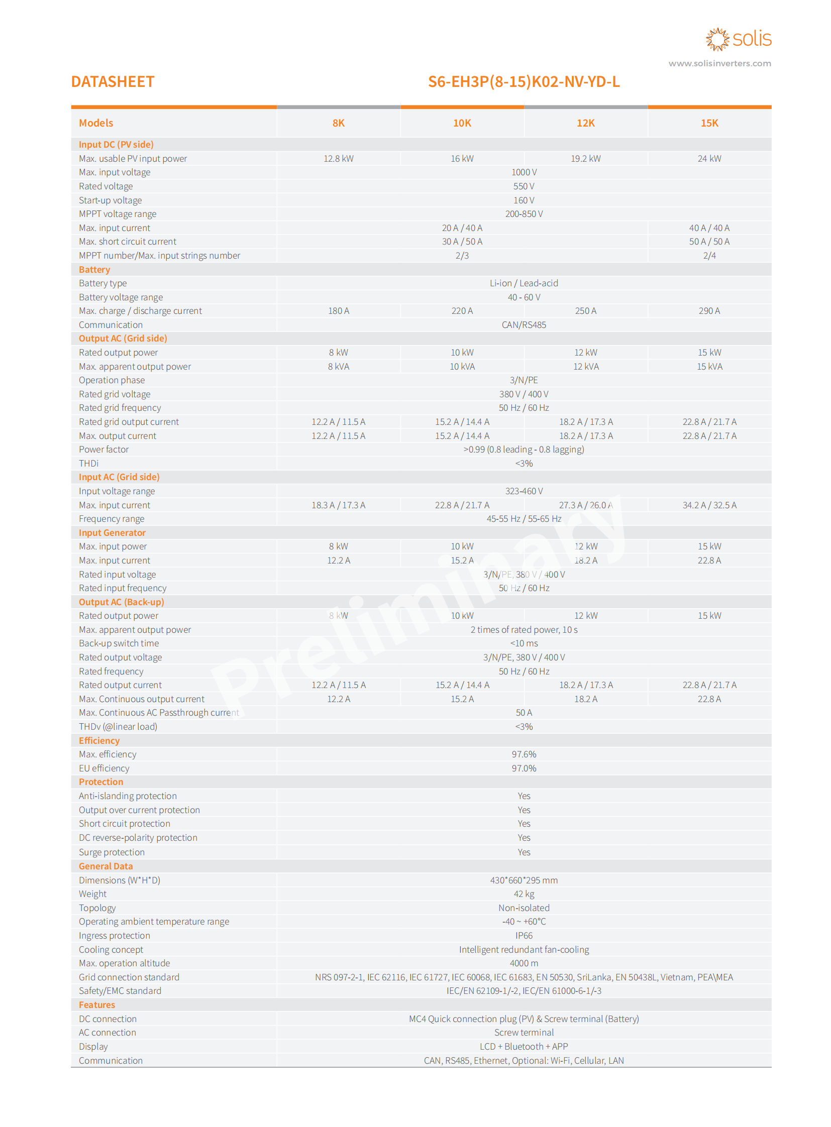 Inverter Solis 15kW Hybrid 3 Pha S6-EH3P15K02-NV-YD-L Áp Thấp