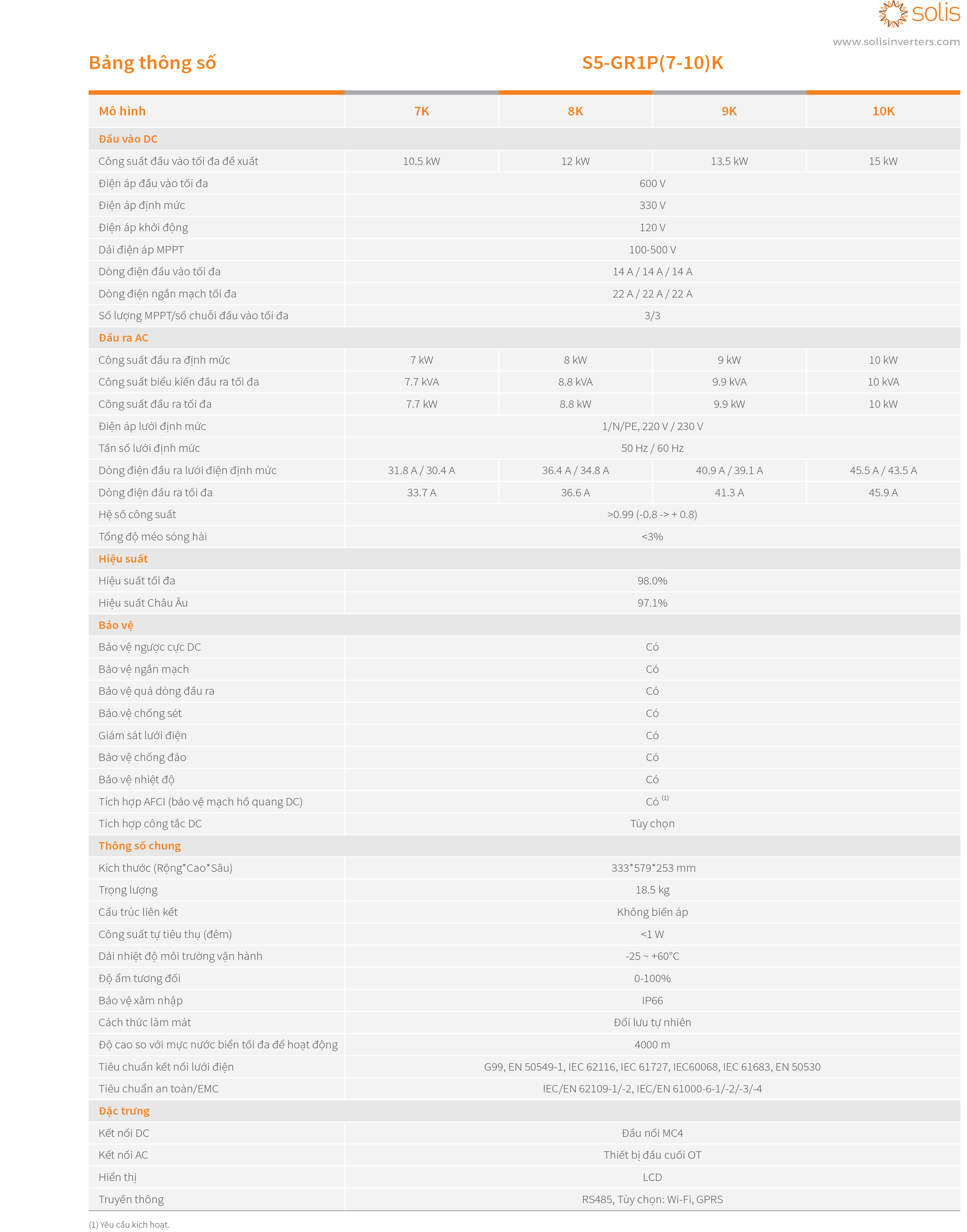 Inverter Solis 10KW S5-GR1P10K Bám tải 1 pha