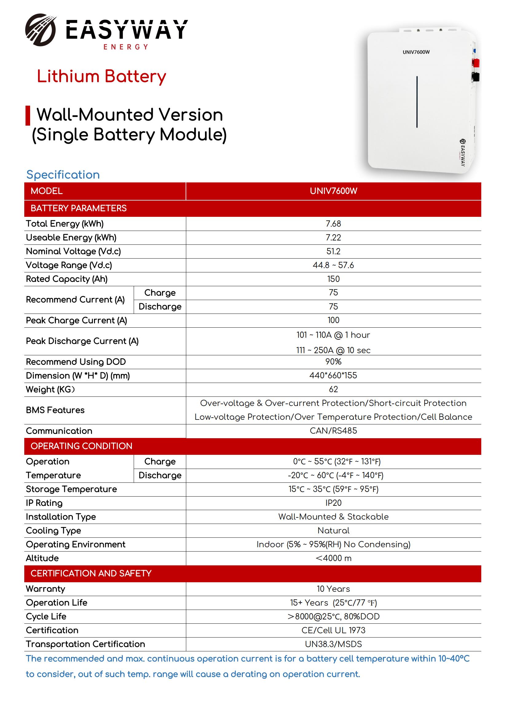 Datasheet Pin Lithium Easyway 7.6kWh UNIV-LV ST7600
