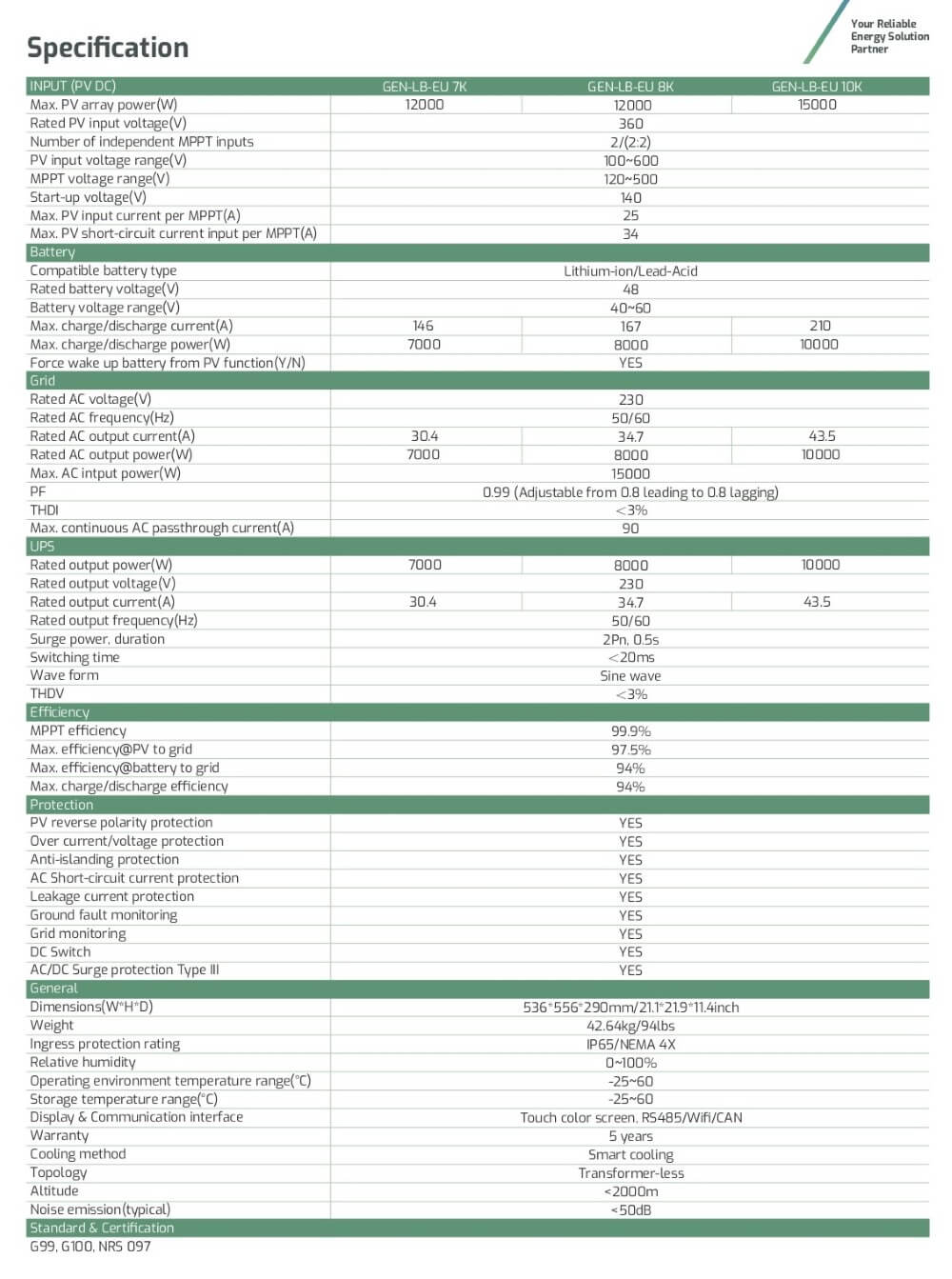 Datasheet Inverter Luxpower 10kW hybrid GEN-LB-EU 10K