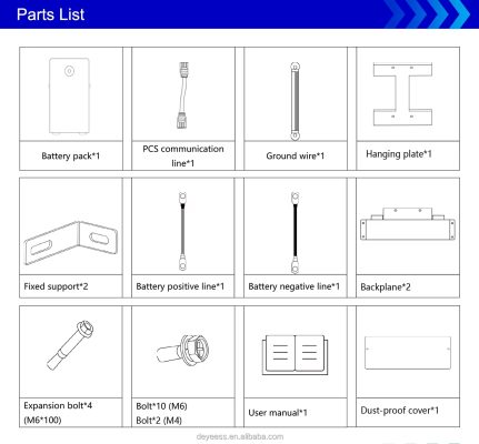 Bộ phận đi kèm của Pin Lithium DEYE 16kWh RW-F16