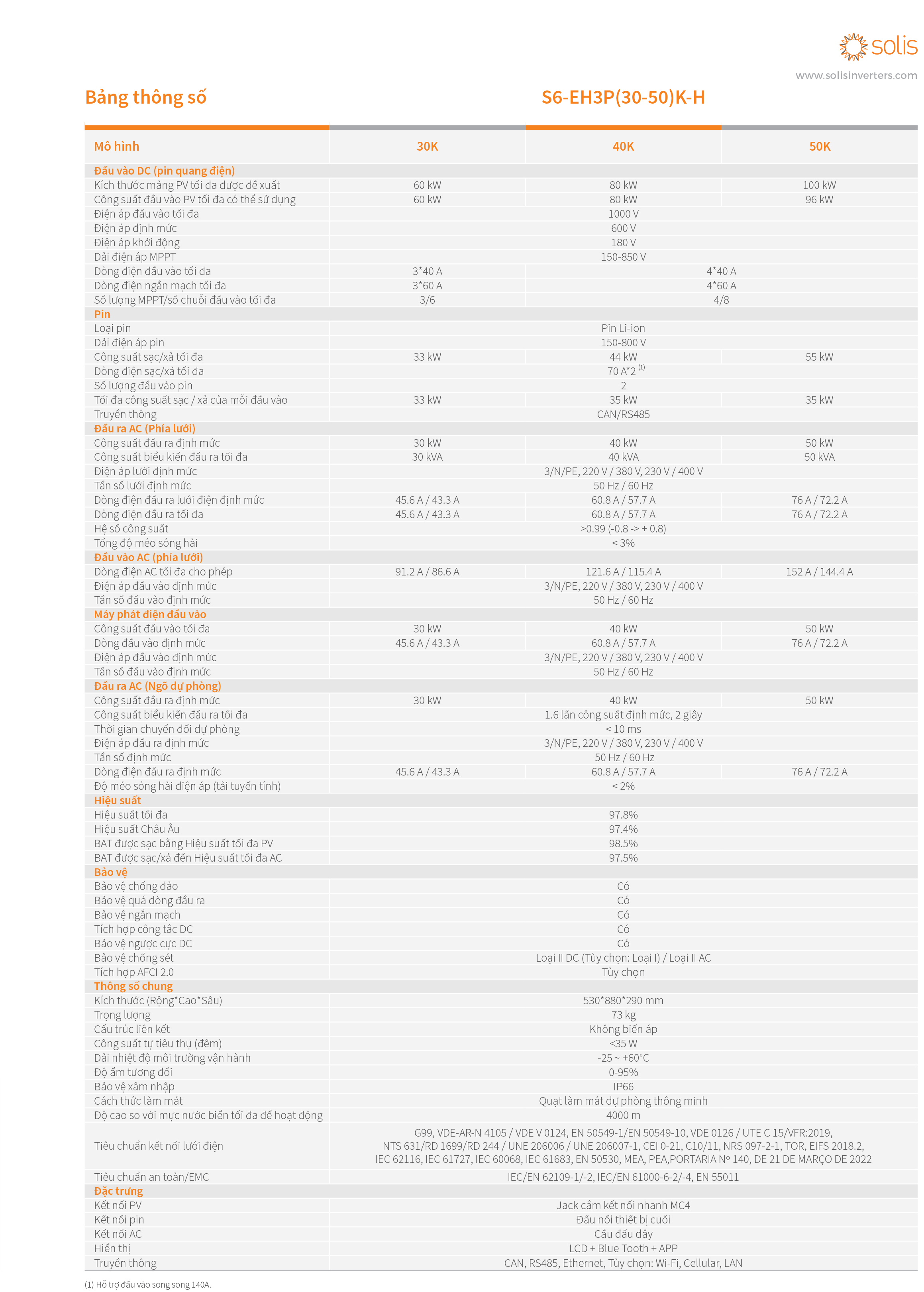 Inverter Solis 40kW Hybrid 3 pha S6-EH3P40K-H áp cao