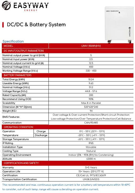 datasheet Pin Lithium Easyway 10kW UNIV-10kWh(HV) 200Ah Áp Cao